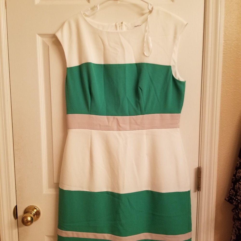 Green, cream and beige dress